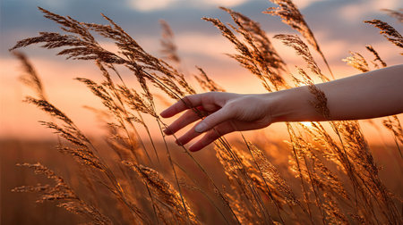 Female hand touching the dry grass on the background of the sunset.の素材