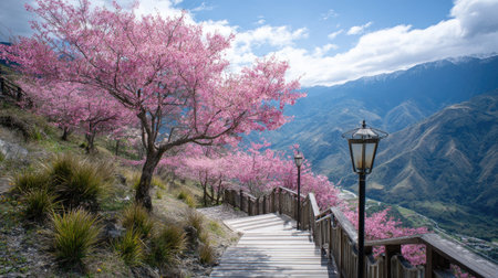 Cherry blossom viewing platform in Himalayas, Nepal.の素材
