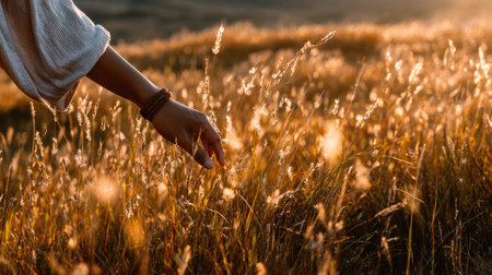 Woman hands touching dry grass in the meadow at sunset, close upの素材