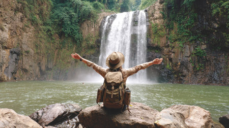 woman traveler with backpack standing on rock and looking at waterfall in the jungleの素材