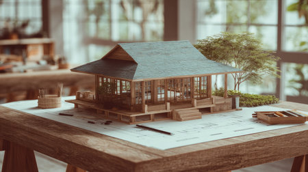 House model on wooden table. Real estate concept. 3D Renderingの素材
