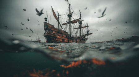 Fantasy image of a pirate ship in the sea. 3d renderingの素材