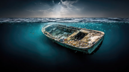 Abandoned boat in the ocean at night. 3d renderingの素材