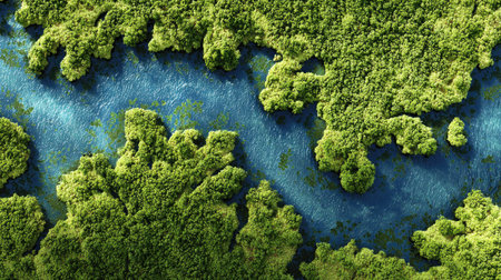 Top view of green forest on blue water background. 3d renderの素材