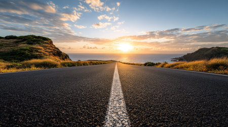 Asphalt Road to the Sunset in Tenerife Canary Islands Spainの素材