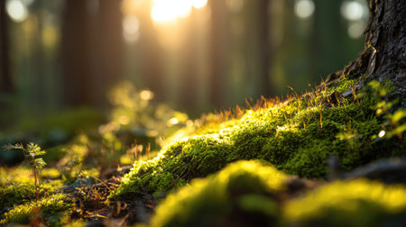 Mossy forest floor in the morning sunlight. Beautiful natural backgroundの素材