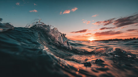 Beautiful sunset in the sea with splashes of water and wavesの素材