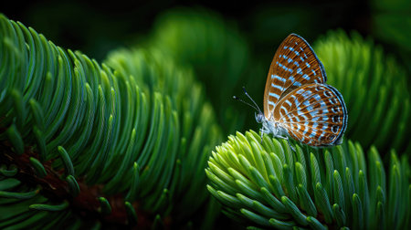Beautiful blue butterfly sitting on a spruce branch. Close up.の素材