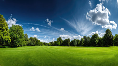 Beautiful summer landscape with green grass and blue sky with white cloudsの素材