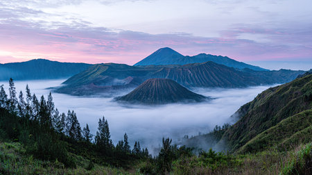 Panoramic view of Bromo Volcano at sunrise, Java, Indonesiaの素材