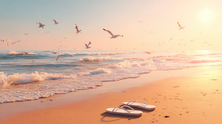 Sandals and seagulls on the beach at sunset.の素材