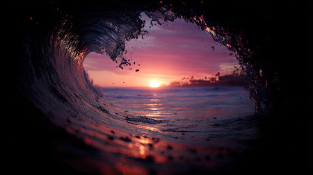 Beautiful sunset in the ocean with a wave breaking through the holeの素材