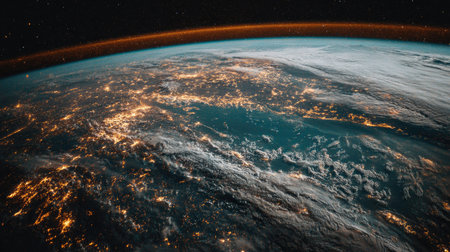 Night view of the planet Earth from space. 3D rendering.の素材