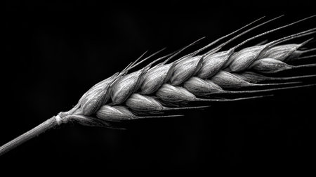 Close up of wheat ears on black background. Monochrome.の素材