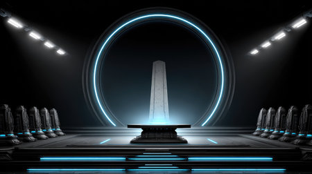 Futuristic sci-fi corridor with a view of the Obelisk in the centerの素材