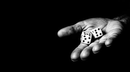 Black and white photo of a man's hand holding a pair of diceの素材