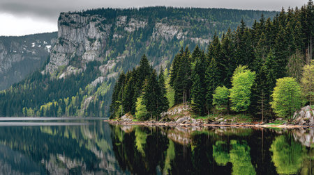 Mountain lake with reflection in the water, Bavaria, Germanyの素材