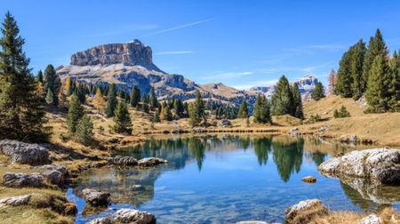 Autumn alpine lake in the Dolomites, Italy.の素材
