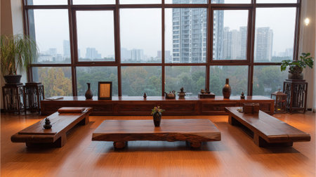 Chinese style wooden table and chairs in a room with a large windowの素材