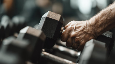 close up of a man's hand lifting a dumbbell in a gymの素材