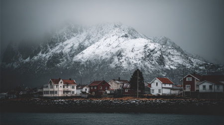 Foggy winter landscape in Lofoten islands, Norwayの素材