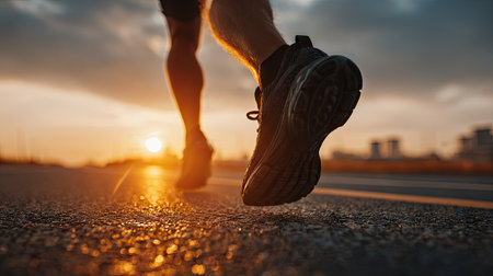 Runner athlete running on road at sunrise. man fitness jogging workout wellness concept.の素材