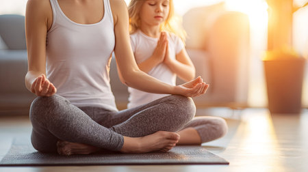 cropped shot of mother and daughter practicing yoga at home during lockdownの素材