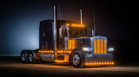 A large modern black American big rig semi truck with glowing headlights standing on a rural road at night.の素材