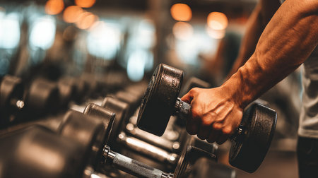 Close up of a man lifting dumbbells in a gym.の素材