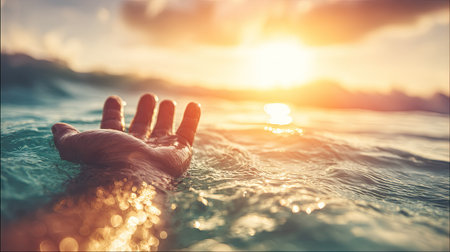 Human hands in the water at sunset. The concept of protecting the environment.の素材