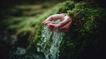 Close up of young woman's hands with fresh water in forest.の素材
