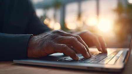 Close up of businessman hands typing on laptop keyboard at workplace in officeの素材
