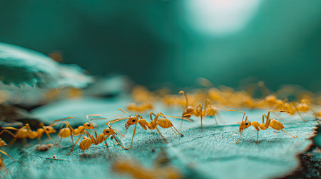 Close up of red ants on green background. Macro shot with shallow depth of fieldの素材