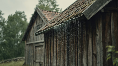 Old wooden house with raindrops on the roof. Selective focus.の素材