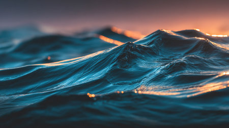 Water surface with waves at sunset. Close-up of the surface of the sea.の素材