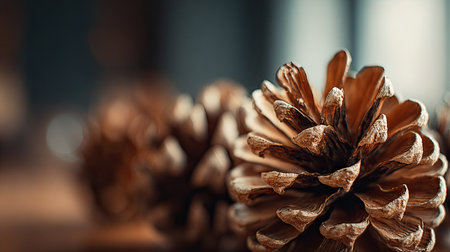 Pine cones on wooden table. Selective focus. Copy space.の素材