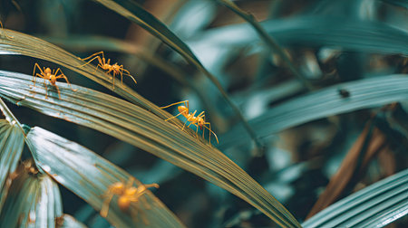 Ants on the green leaves of a palm tree in the jungleの素材