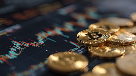 Bitcoin gold coin on the background of the financial chart. Cryptocurrency concept.の素材