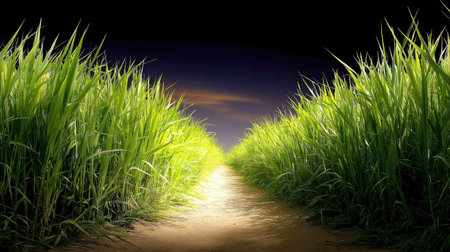 Sugar cane field at night,Rice field in Thailand.の素材