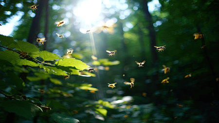 Bee flying in the green forest on a sunny summer day. Selective focus.の素材