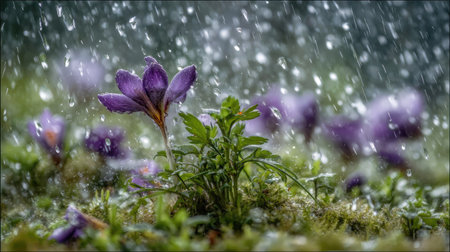 Purple crocus flowers in the rain. Spring crocus flowers.の素材
