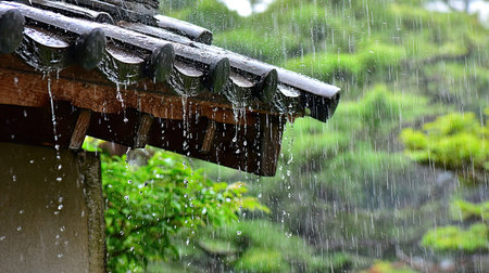 Rain falling on the roof of a Japanese temple in Kyoto, Japanの素材