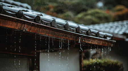 Rain drops on the roof of a Japanese house. Shallow depth of fieldの素材