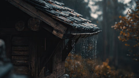 Old wooden house in the forest with raindrops on the roof.の素材