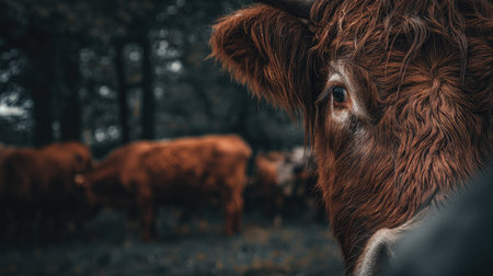 Cows grazing in a meadow in the forest, close upの素材