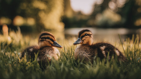 Cute little ducklings on green grass in the park. Selective focus.の素材