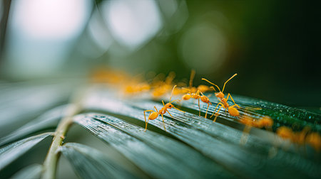 Ants on a palm leaf in the rainforest. Macro.の素材