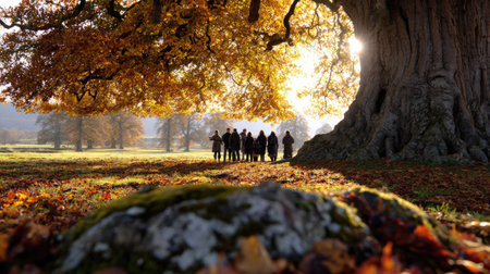 Group of people standing under a big oak tree in the autumn forestの素材