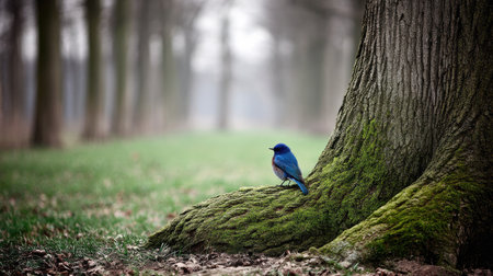 Bluebird sitting on a tree trunk in a forest with a misty backgroundの素材