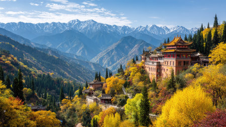 Majestic view of the Tibetan Buddhist Monastery in the autumn.の素材